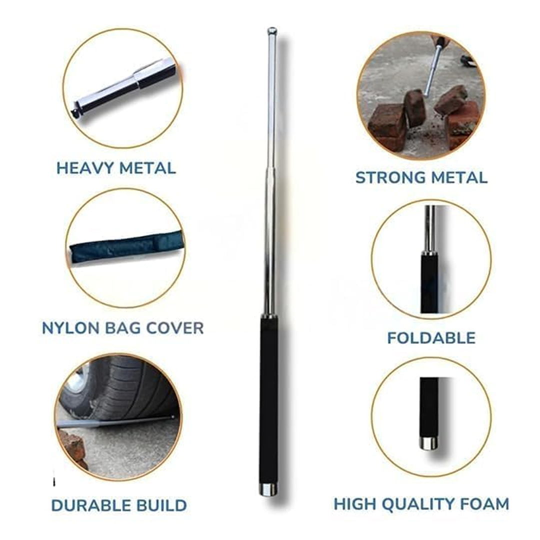 A silver metal baton with a black foam grip stands upright, surrounded by six circular insets highlighting its features.