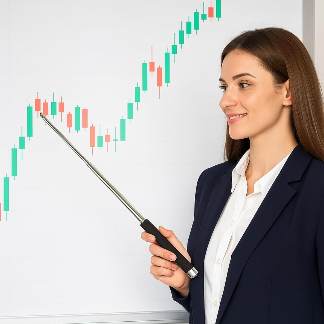 A woman in a business suit smiles while using the silver metal baton as a pointer on a financial chart.