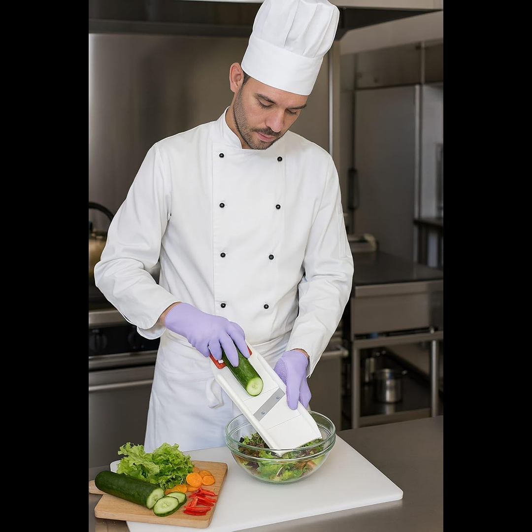 A chef in a white uniform and purple gloves uses a mandoline slicer to prepare vegetables for a salad.
