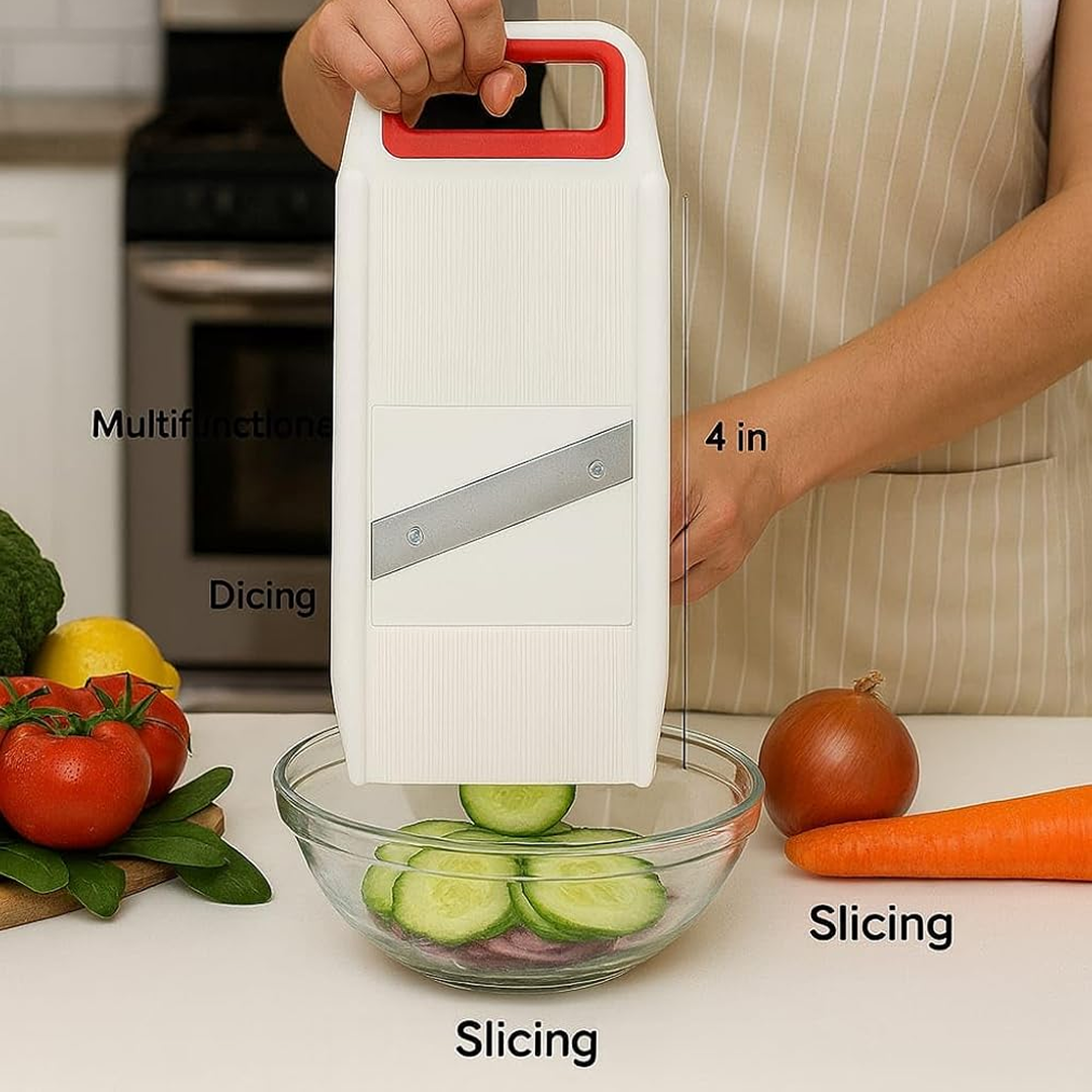 Hands holding a white and red mandoline slicer over a bowl of sliced cucumbers, with various vegetables around.