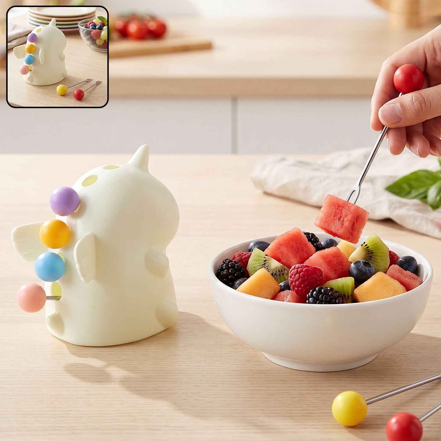 Cartoon dinosaur fruit fork set with storage case stand for kids