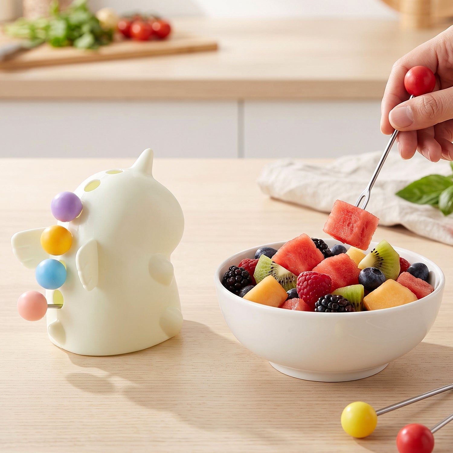 Close up of the cartoon dinosaur fork tops