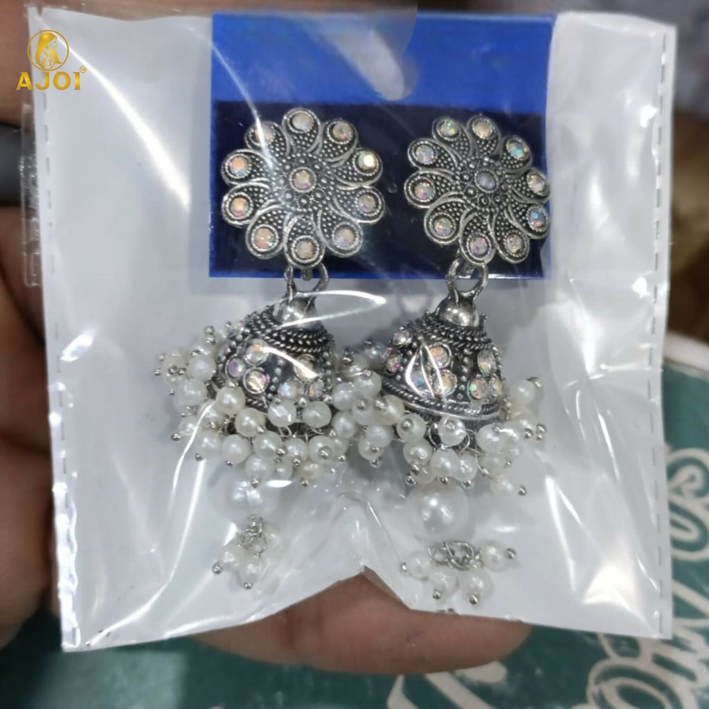 Traditional Indian Oxidised Silver Round Jhumka Earrings with Pearl Drops