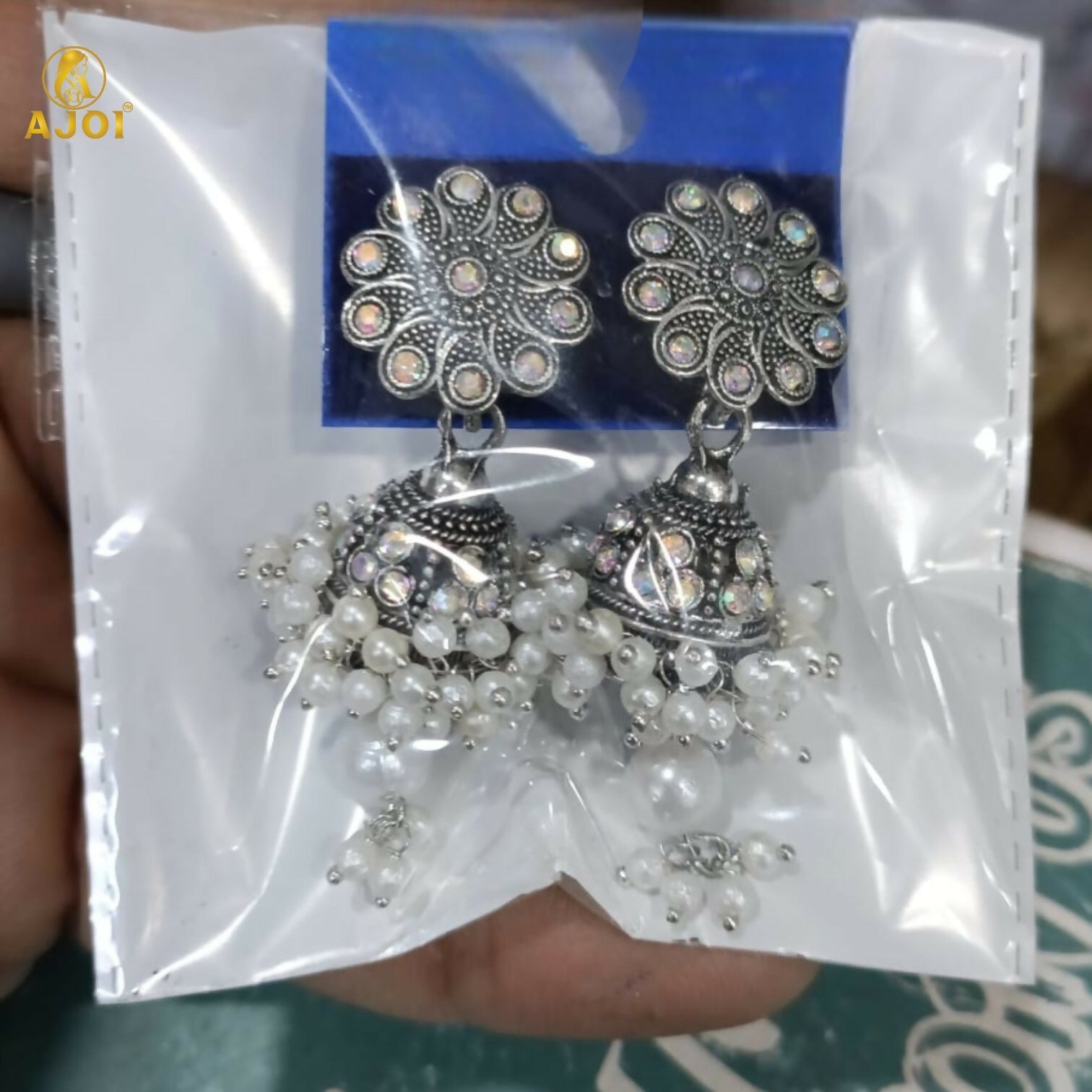 Traditional Indian Oxidised Silver Round Jhumka Earrings with Pearl Drops