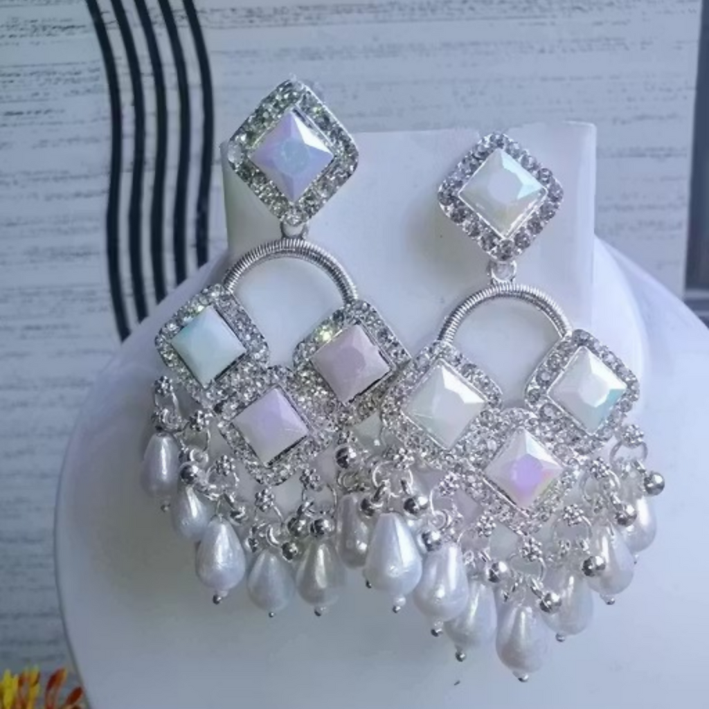 Elegant Silver Plated Chandelier Earrings Featuring Square Crystals and White Teardrop Beads