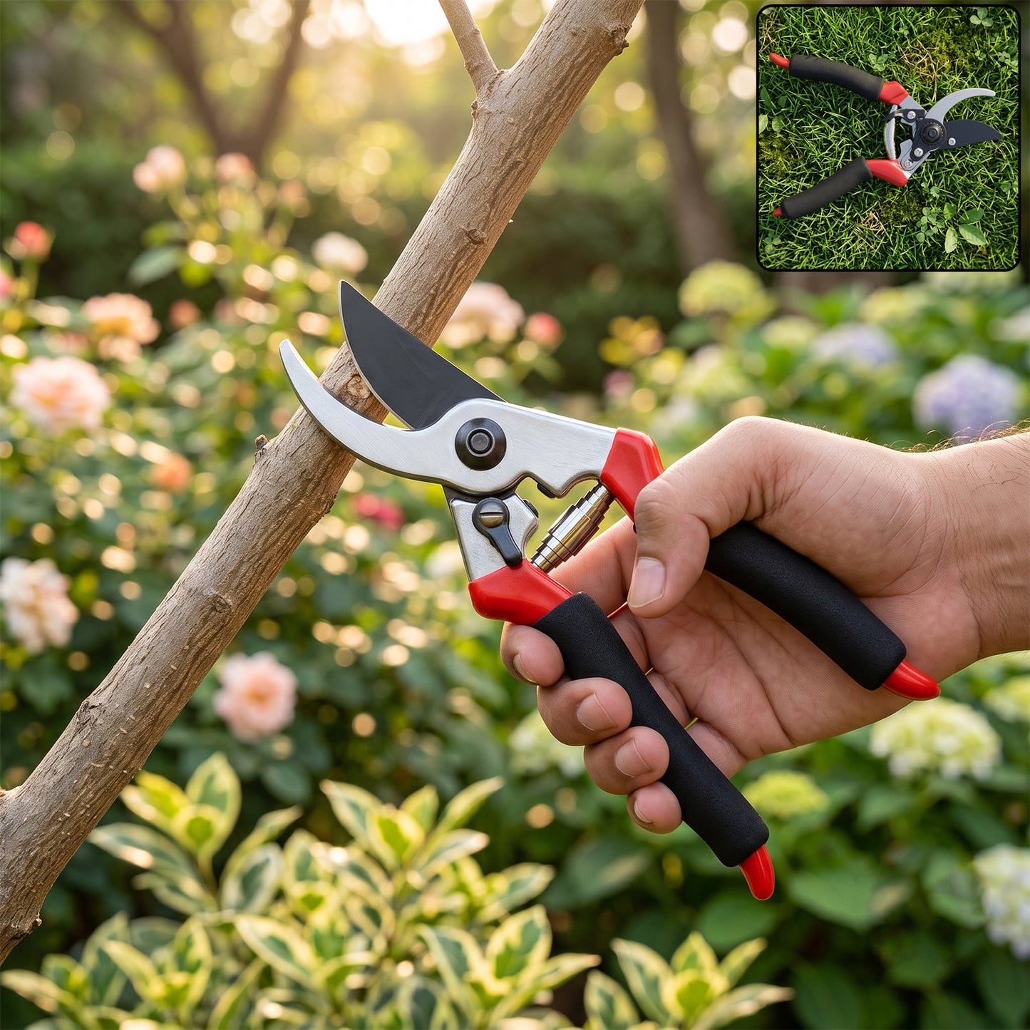A hand holding red and black garden pruners next to a tree branch, with a small inset image of the pruners