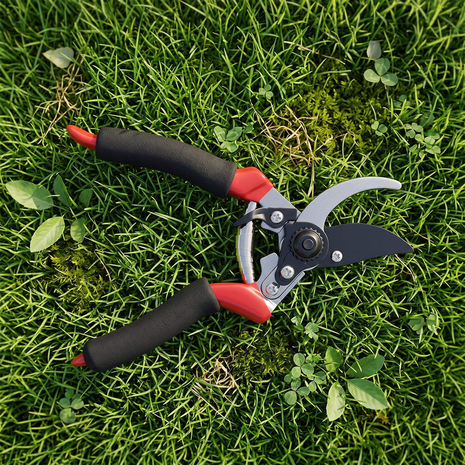 Red and black garden pruners with silver blades lying open on green grass with small clover leaves.