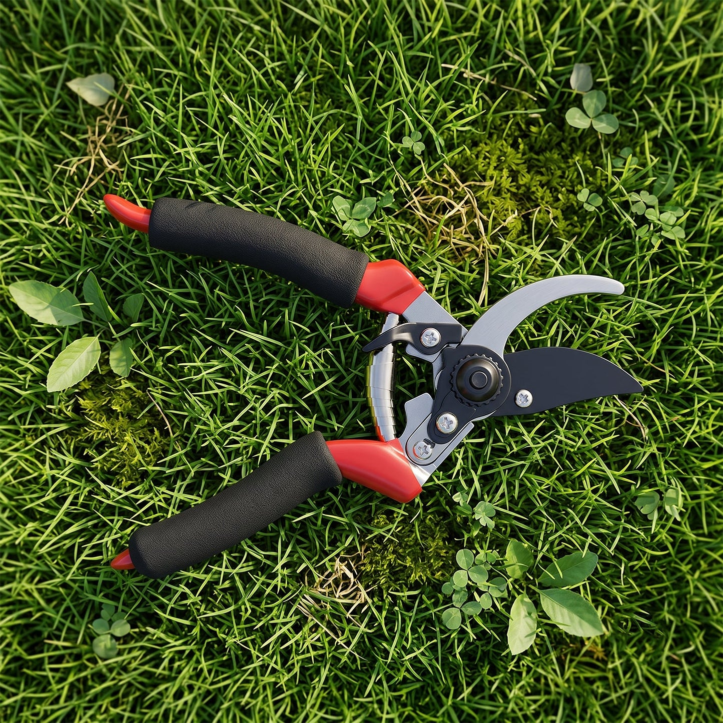 Red and black pruning shears lie open on vibrant green grass with small clover leaves.