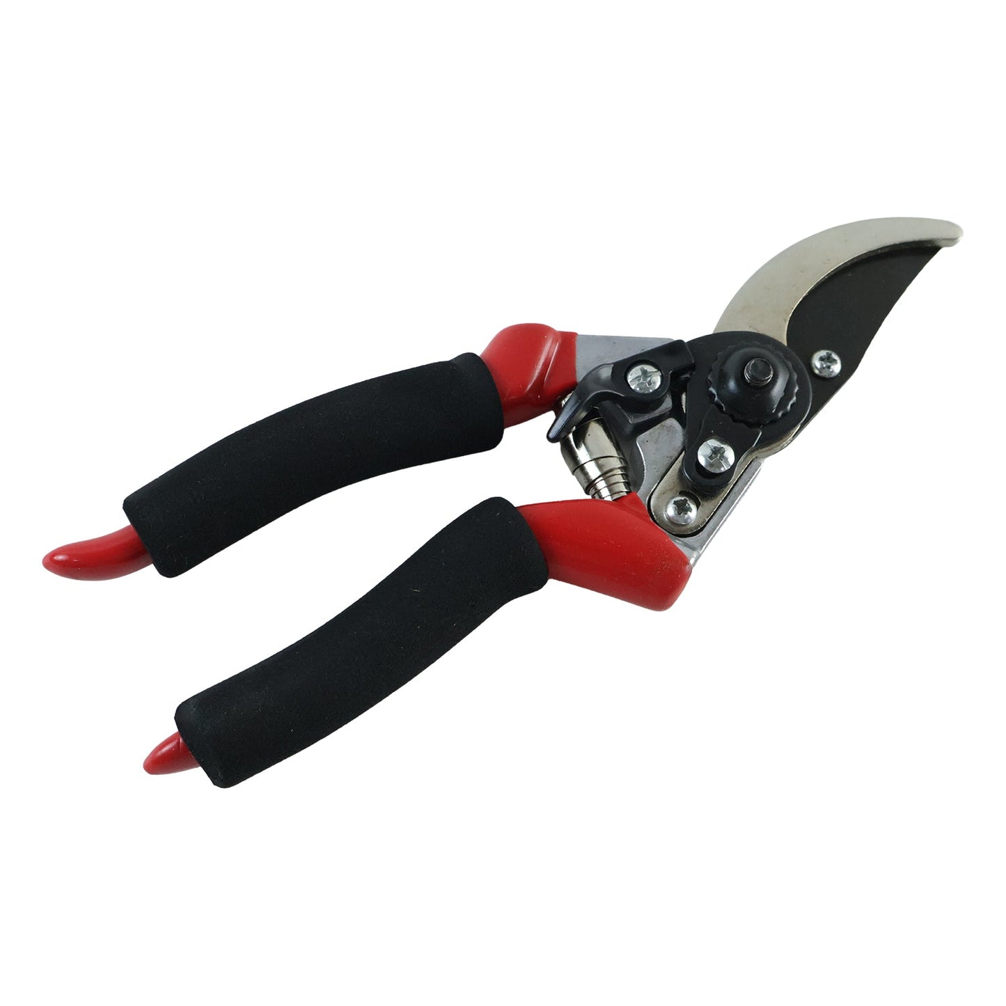 Red and black pruning shears with foam handles are angled on a white background.