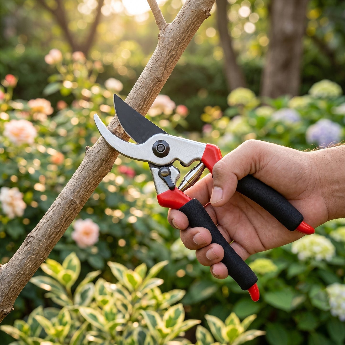 A hand holds red and black pruning shears, poised to cut a branch in a sunny garden with blurred flowers.