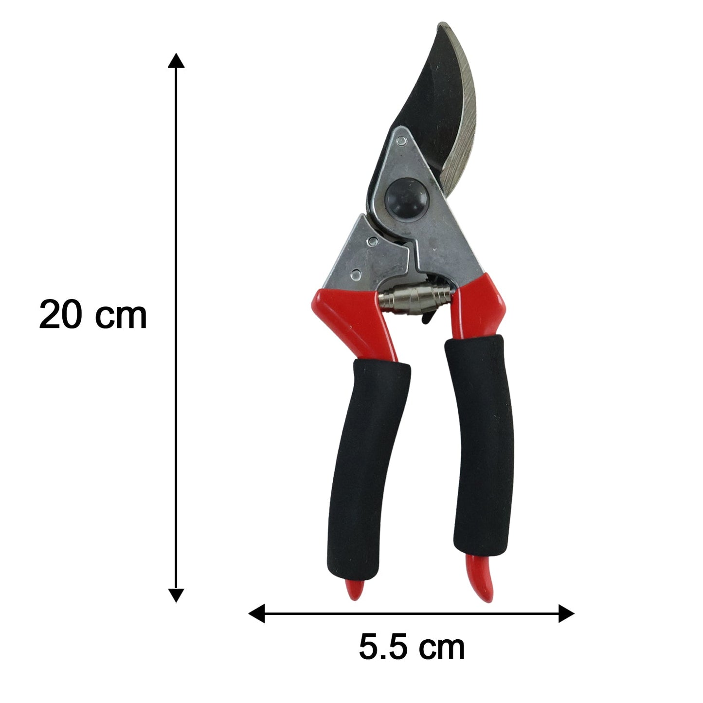 Red and black pruning shears are shown vertically with arrows indicating a length of 20 cm and width of 5.5 cm.