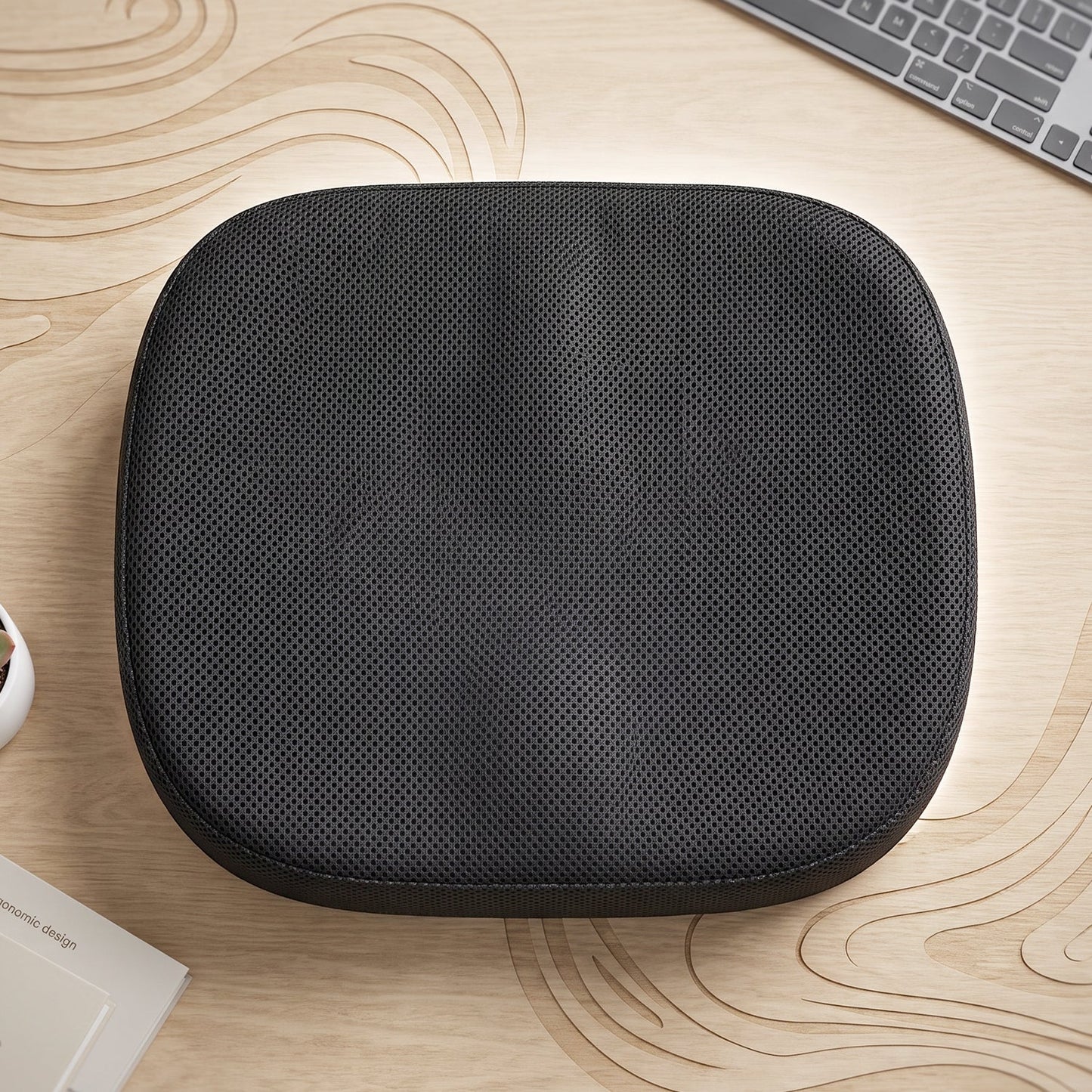 Top-down view of a black perforated ergonomic seat cushion on a light wood desk with a keyboard.