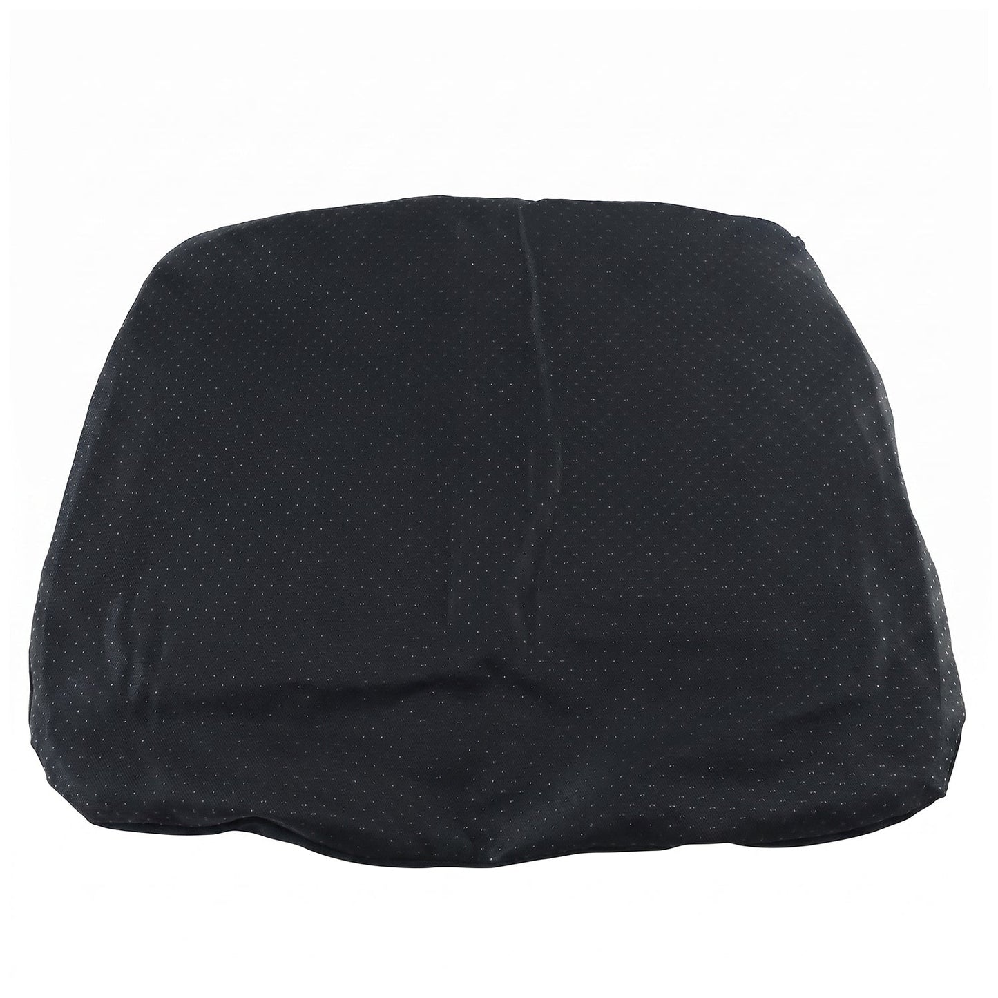 Top-down view of a black ergonomic seat cushion with a textured, dotted surface on a white background.