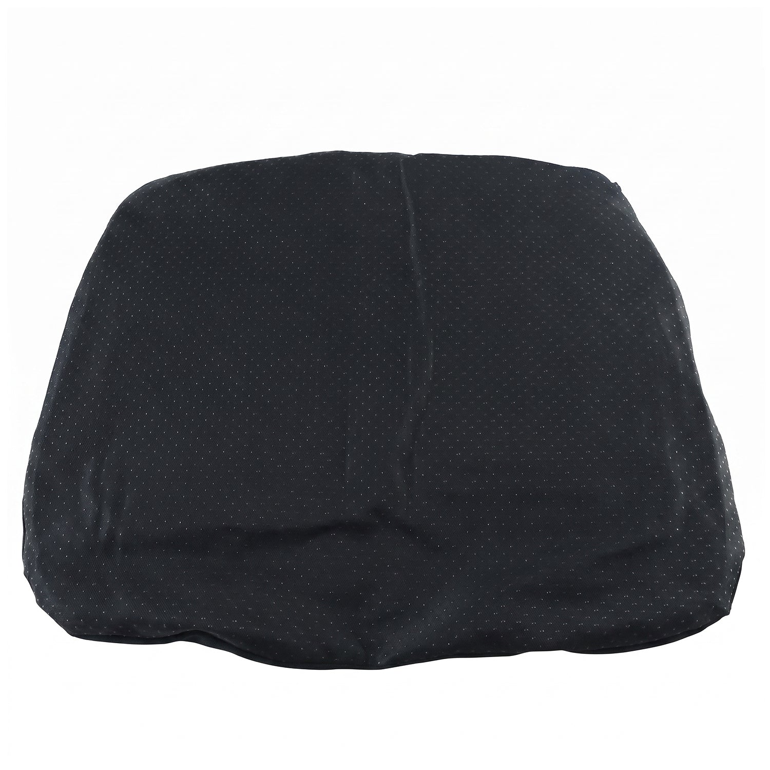 Top-down view of a black ergonomic seat cushion with a textured, dotted surface on a white background.