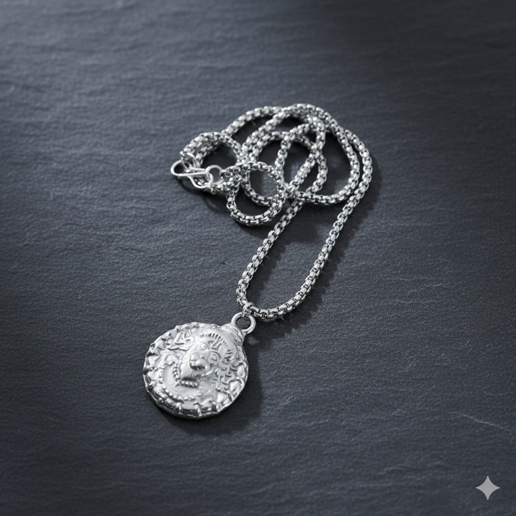 Hanuman Locket Necklace, a silver-tone pendant with chain, displayed on a clean white background.