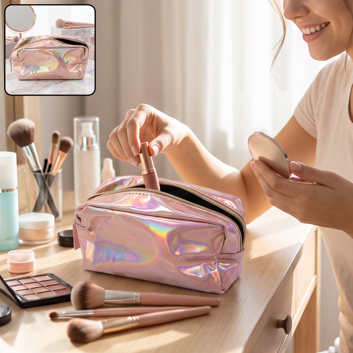 A person holding a lipstick and mirror, with a shiny pink holographic makeup bag and various cosmetics on a wooden vanity.