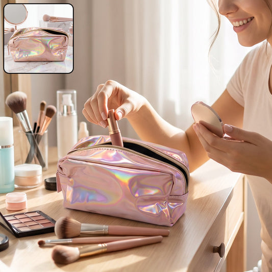 A person holding a lipstick and mirror, with a shiny pink holographic makeup bag and various cosmetics on a wooden vanity.