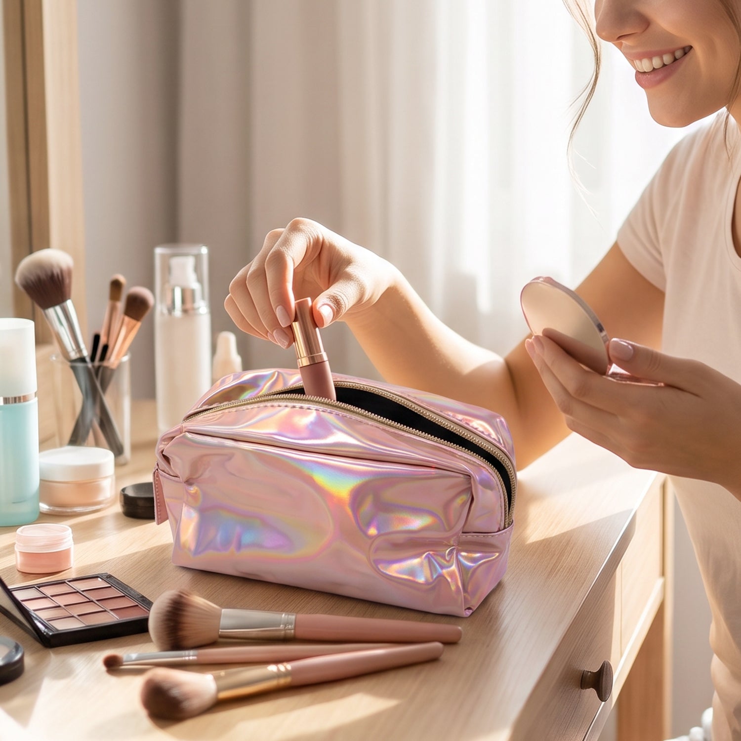 A rectangular, shiny pink holographic bag with a gold zipper is shown from a slightly elevated view on a white background.