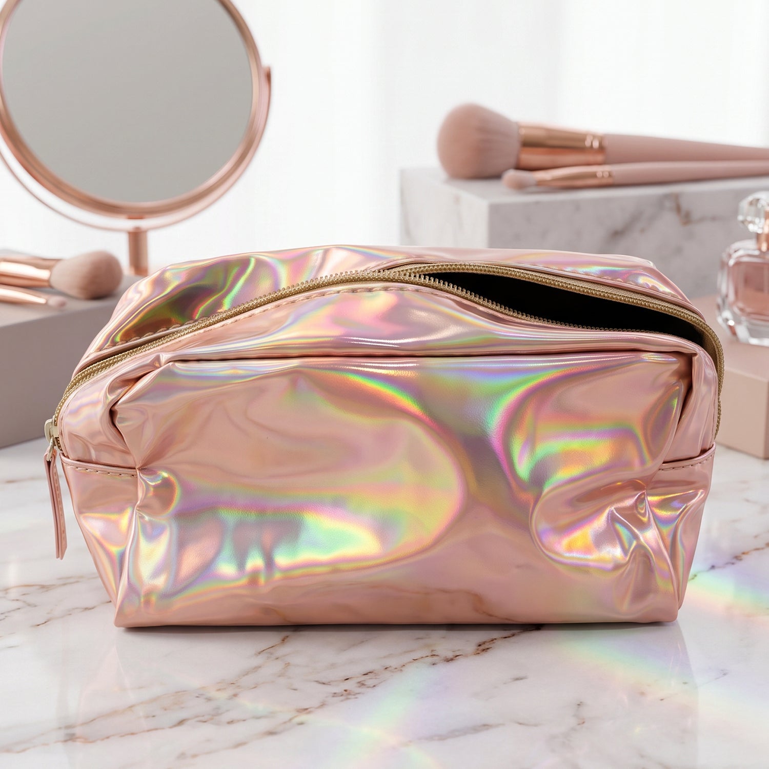 A shiny pink holographic bag with a gold zipper is shown with dimensions of 24 cm length and 10 cm width.