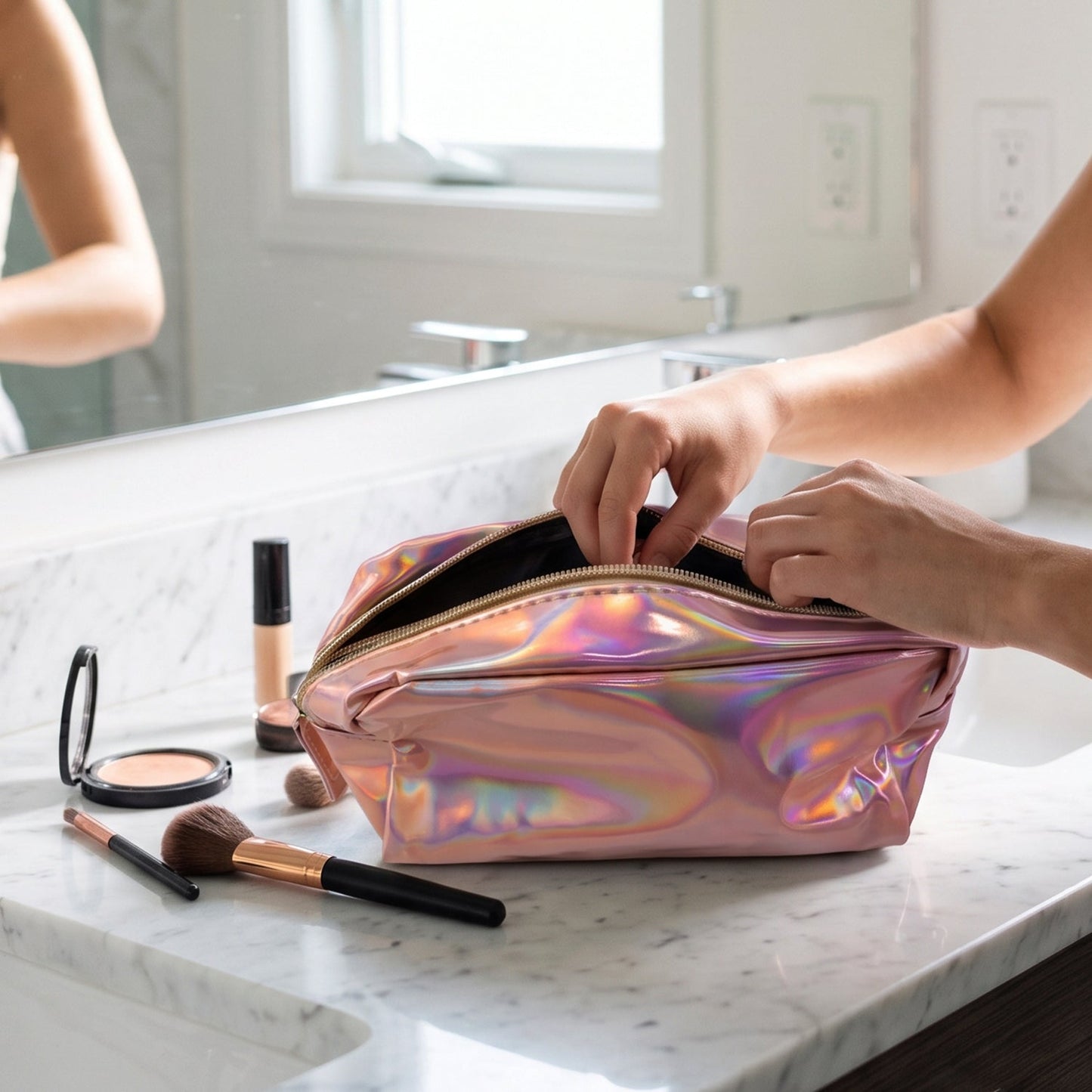 A shiny pink holographic bag with a gold zipper is centered on a light wooden surface.
