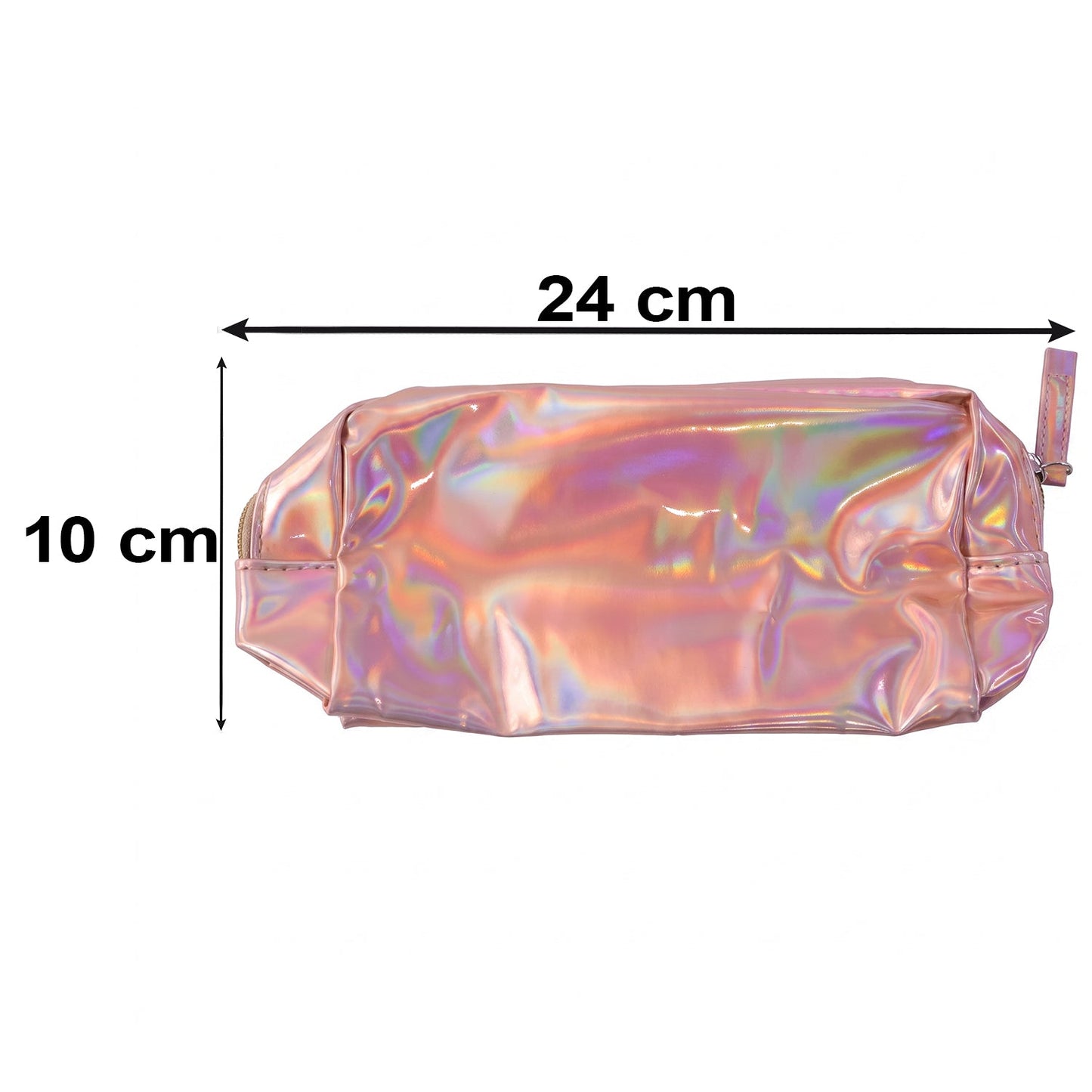A shiny pink holographic bag rests on a marble surface next to a makeup brush, small iridescent stones, and a perfume bottle.