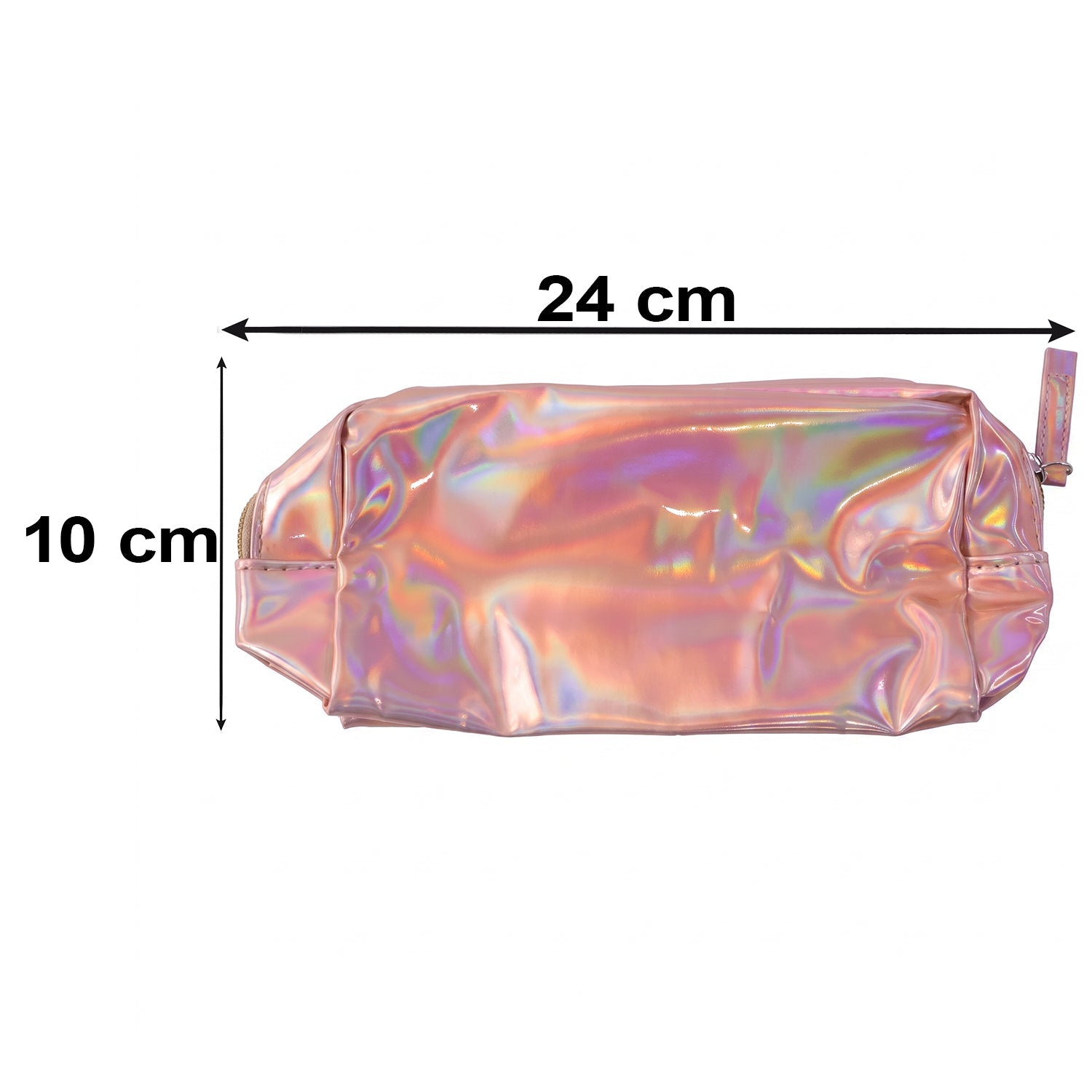 A shiny pink holographic bag rests on a marble surface next to a makeup brush, small iridescent stones, and a perfume bottle.