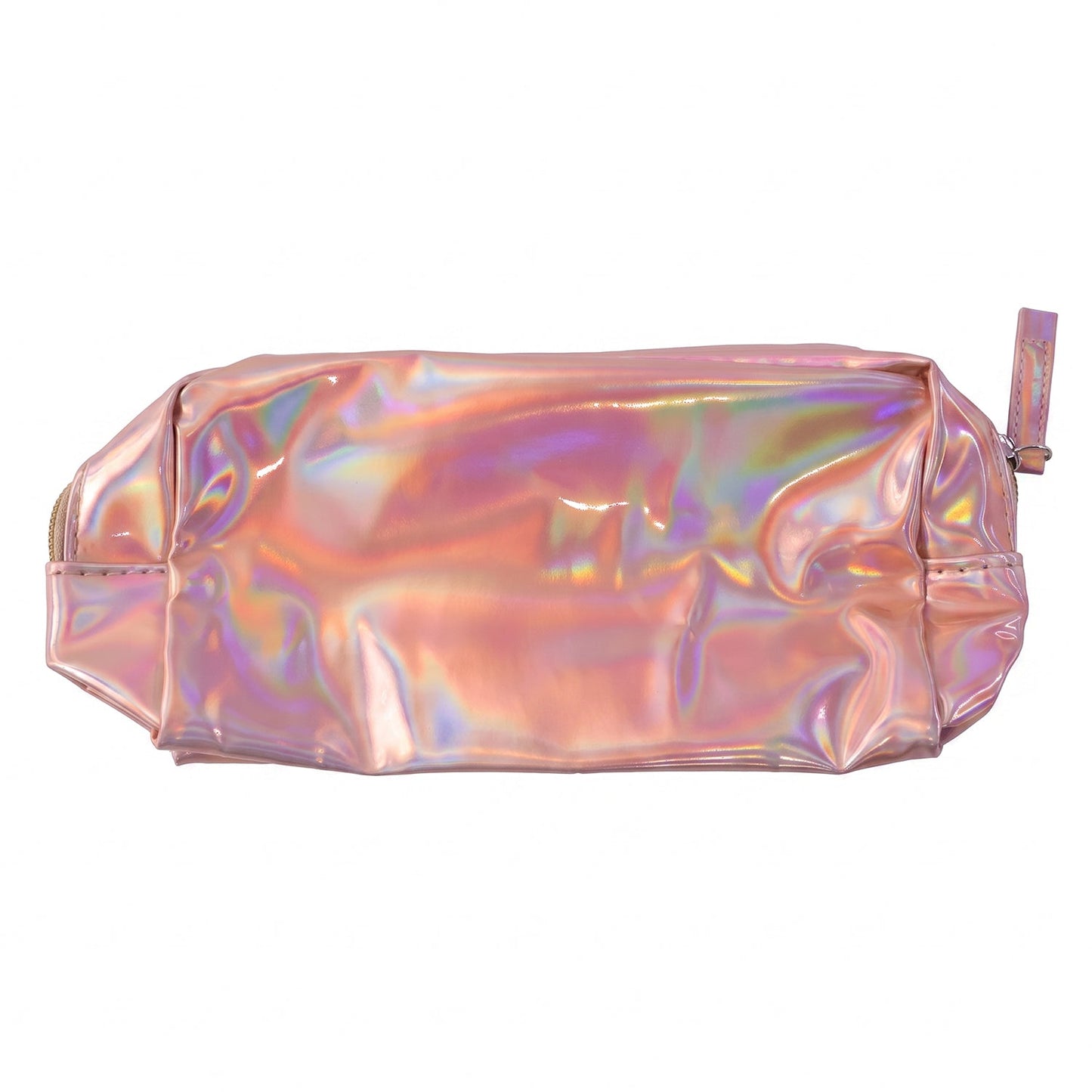 A person's hands reach into a shiny pink holographic bag on a bathroom counter, with makeup brushes and foundation nearby.