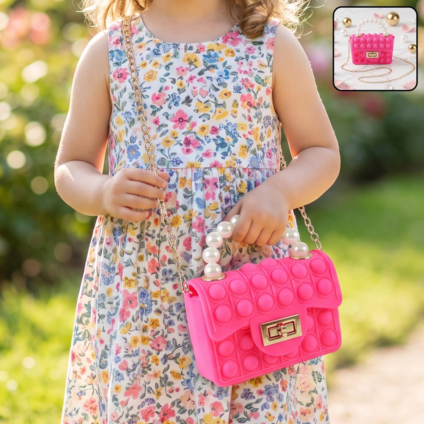 A young girl in a floral dress holds a bright pink pop-it purse with a pearl handle and gold chain.