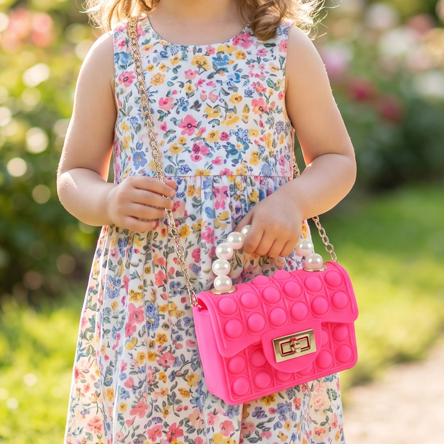 A young girl in a floral dress holds a bright pink pop-it purse with a pearl handle and gold chain in a garden setting.