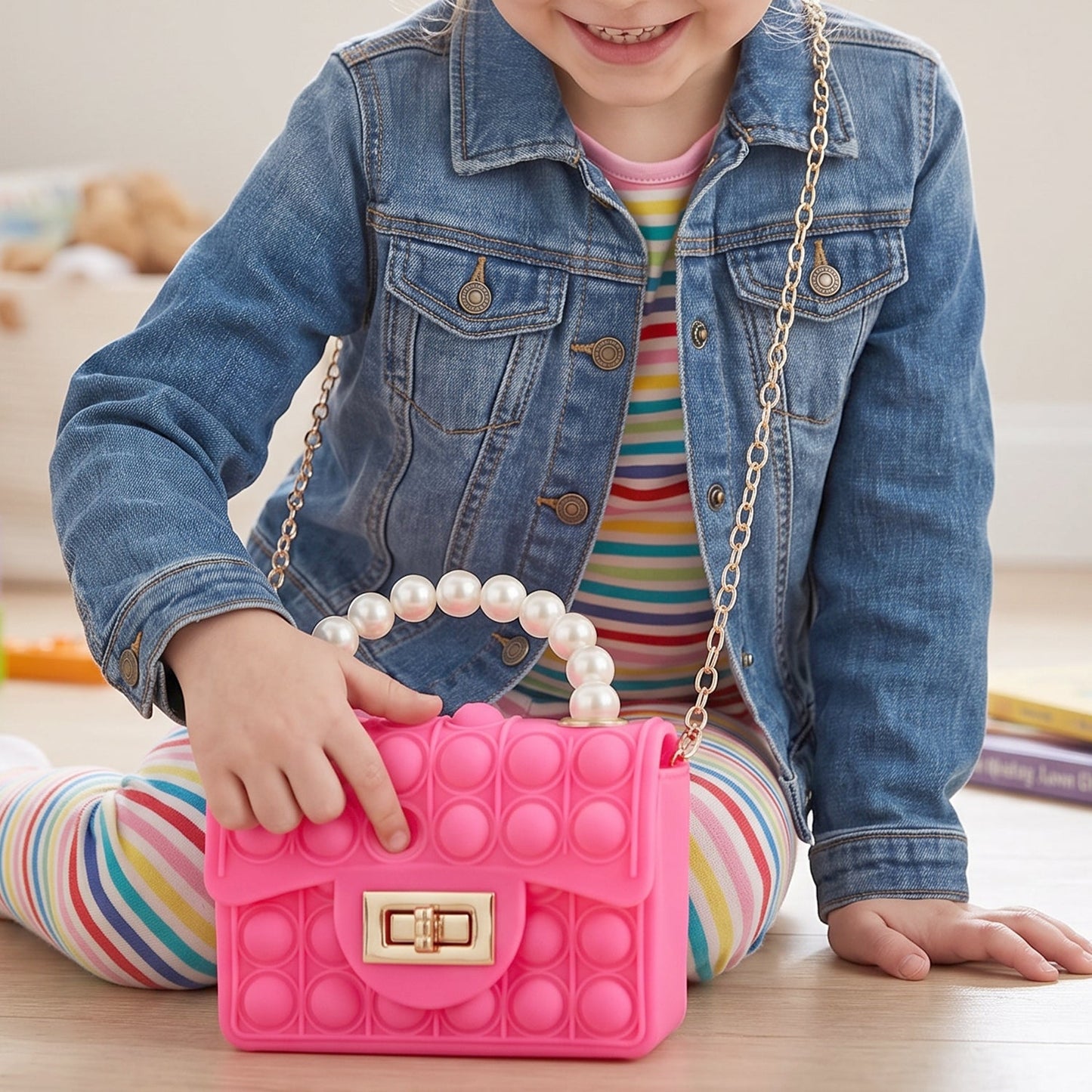 A young girl in a denim jacket and striped pants sits on the floor, holding a pink pop-it purse with a pearl handle.