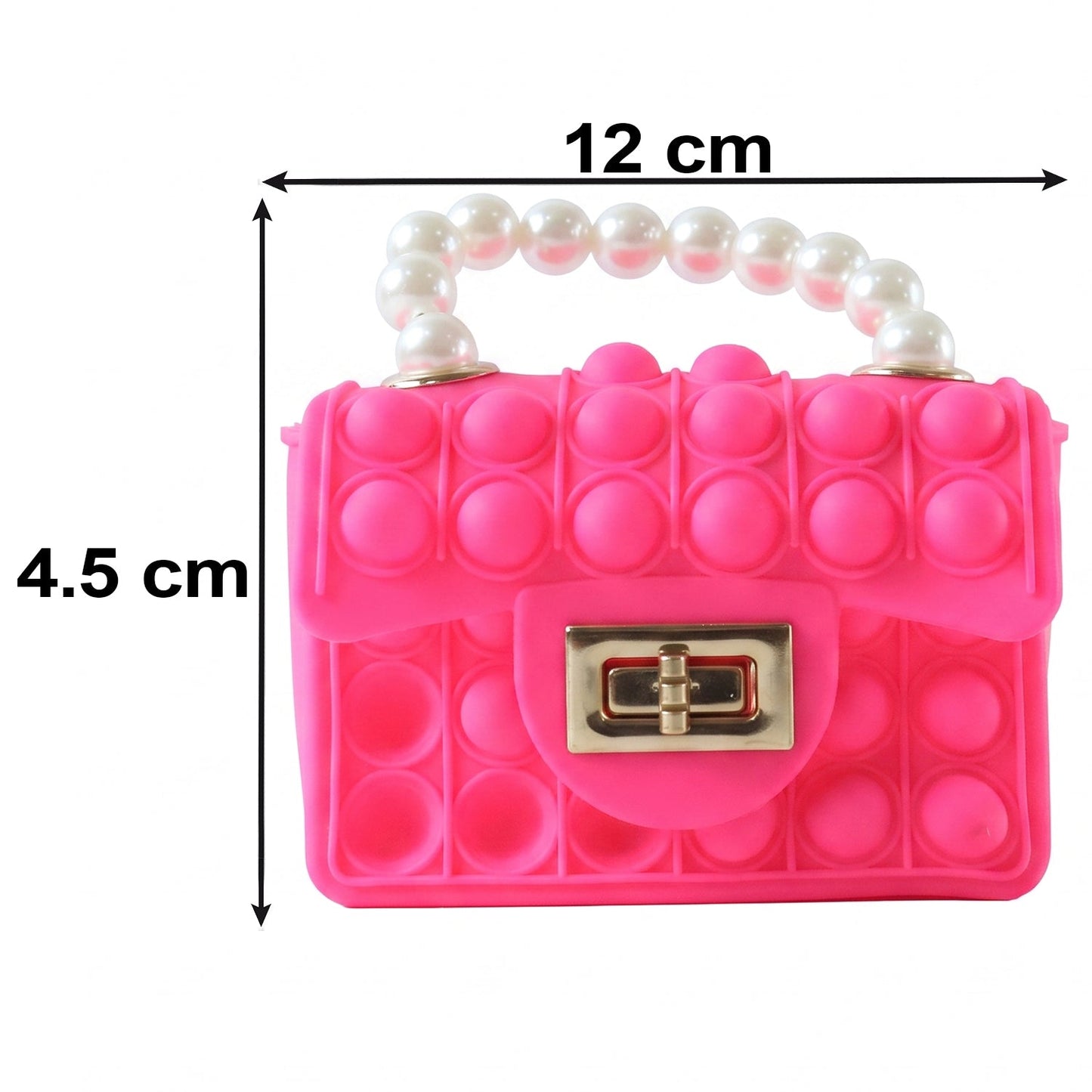 A bright pink pop-it purse with a pearl handle and gold clasp is shown with dimensions of 12 cm width and 4.5 cm height.