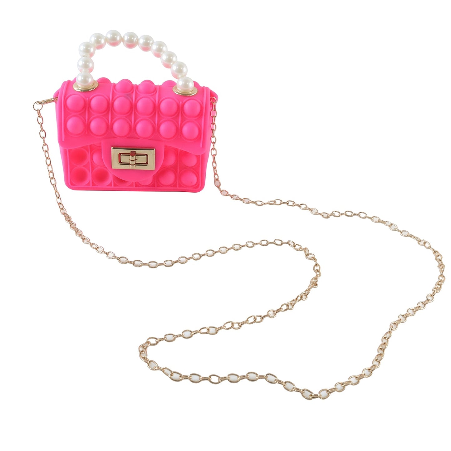 A bright pink pop-it purse with a pearl handle and long gold chain strap is displayed against a white background.