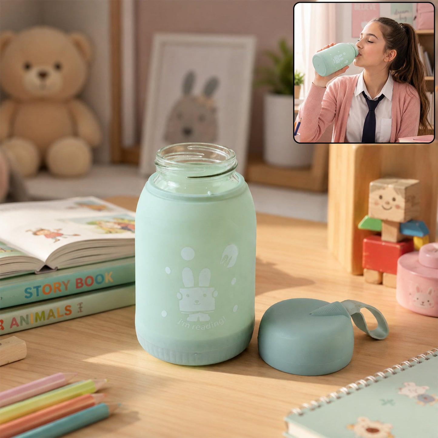 A mint green glass bottle with a bunny print sits on a desk, with a matching lid beside it. A girl drinks from the bottle in