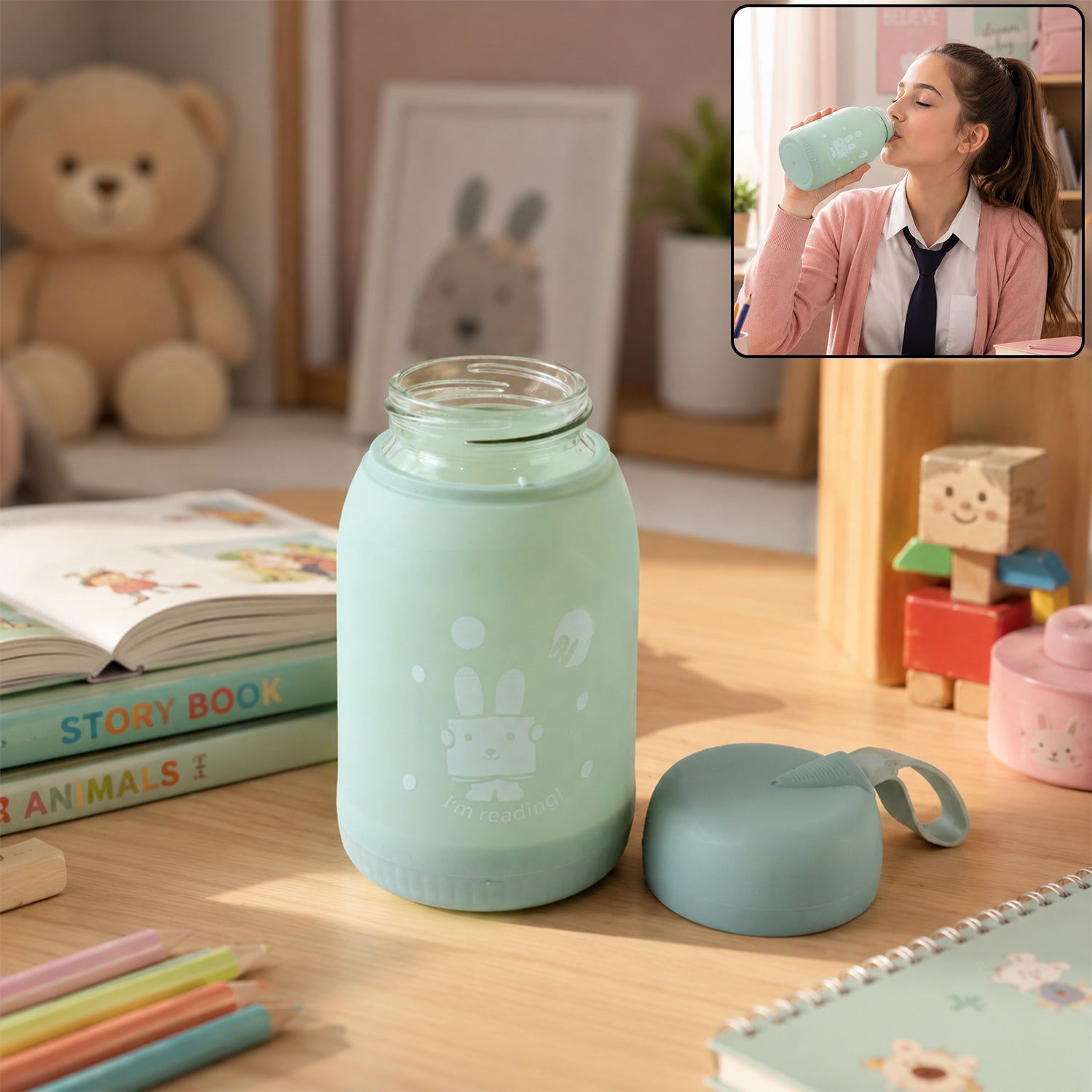 A mint green glass bottle with a bunny print sits on a desk, with a matching lid beside it. A girl drinks from the bottle in