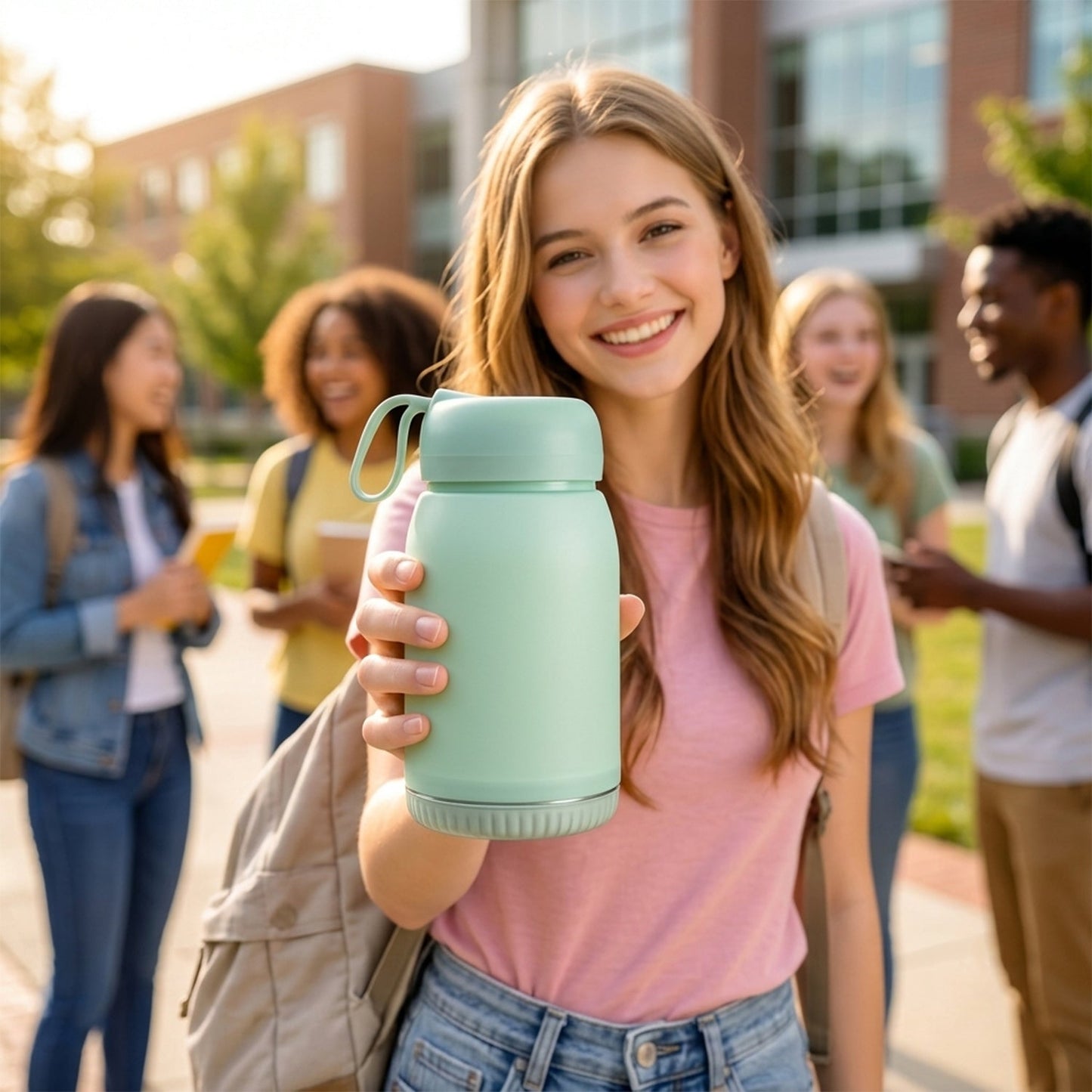 A smiling girl holds up a mint green glass bottle with a bunny print, with other students in the background.