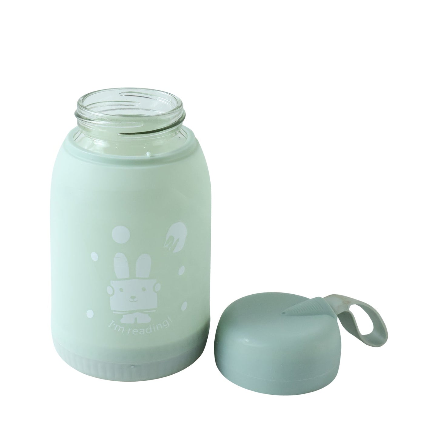 A mint green glass bottle with a bunny print and a matching lid are displayed on a white background.