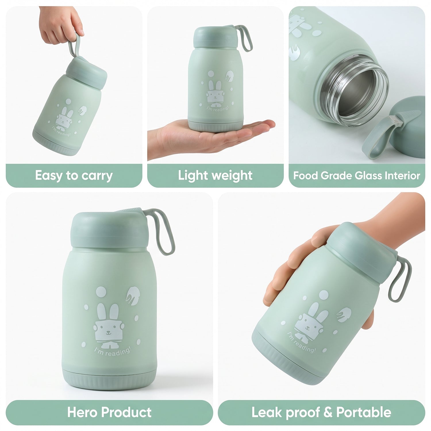 A collage of five images showing the mint green bottle: being carried, held in a hand, showing its glass interior, as a hero