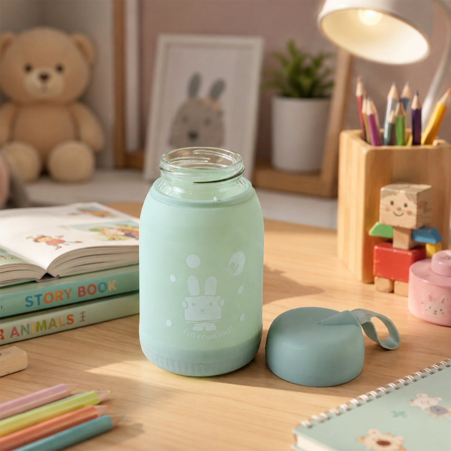 A mint green glass bottle with a bunny print sits on a wooden desk with school supplies, under a desk lamp.