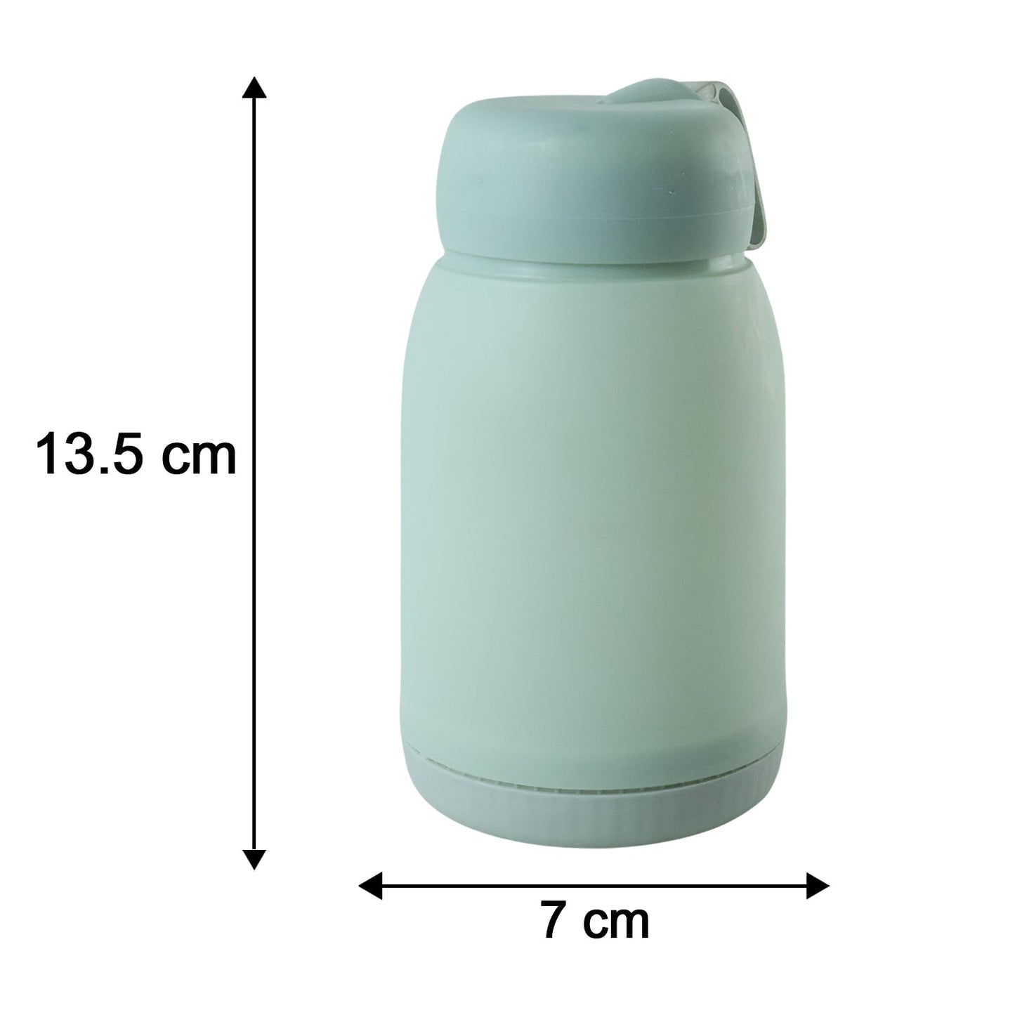A mint green glass bottle with a bunny print is shown with its dimensions: 13.5 cm tall and 7 cm wide.