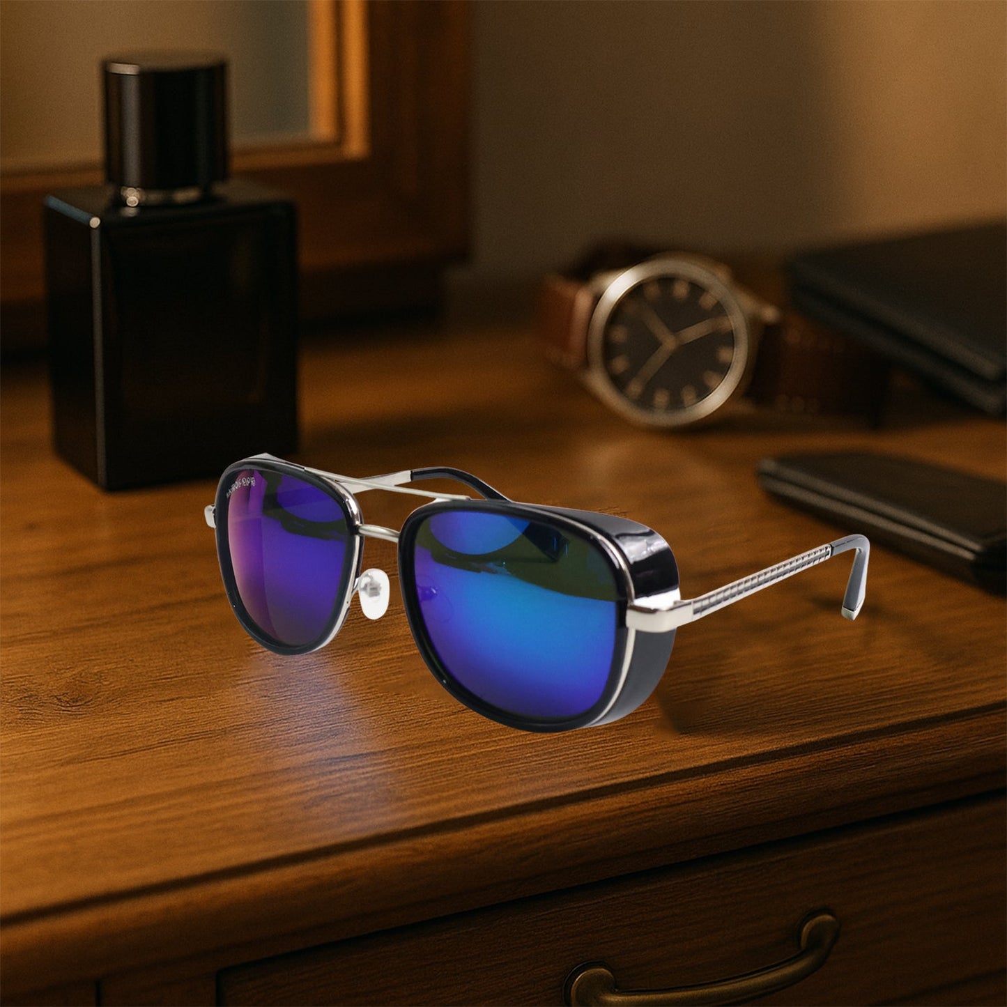 Close-up view of polarized lens on aviator sunglasses enhancing glare reduction