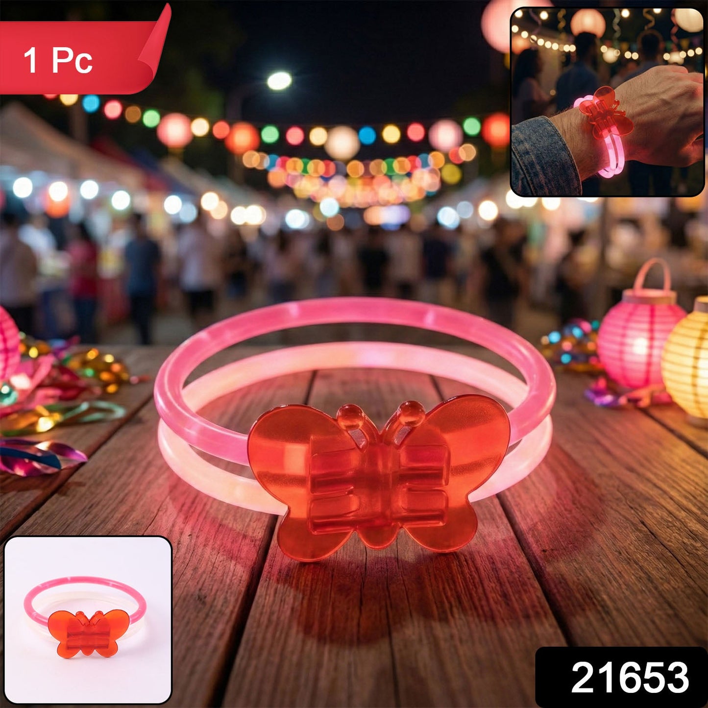 Close-up of butterfly shape on glow band bracelet glowing brightly