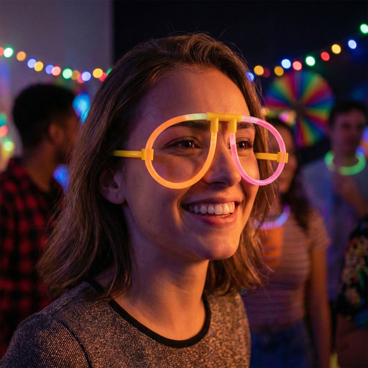 Neon light party glasses glowing in vibrant colors