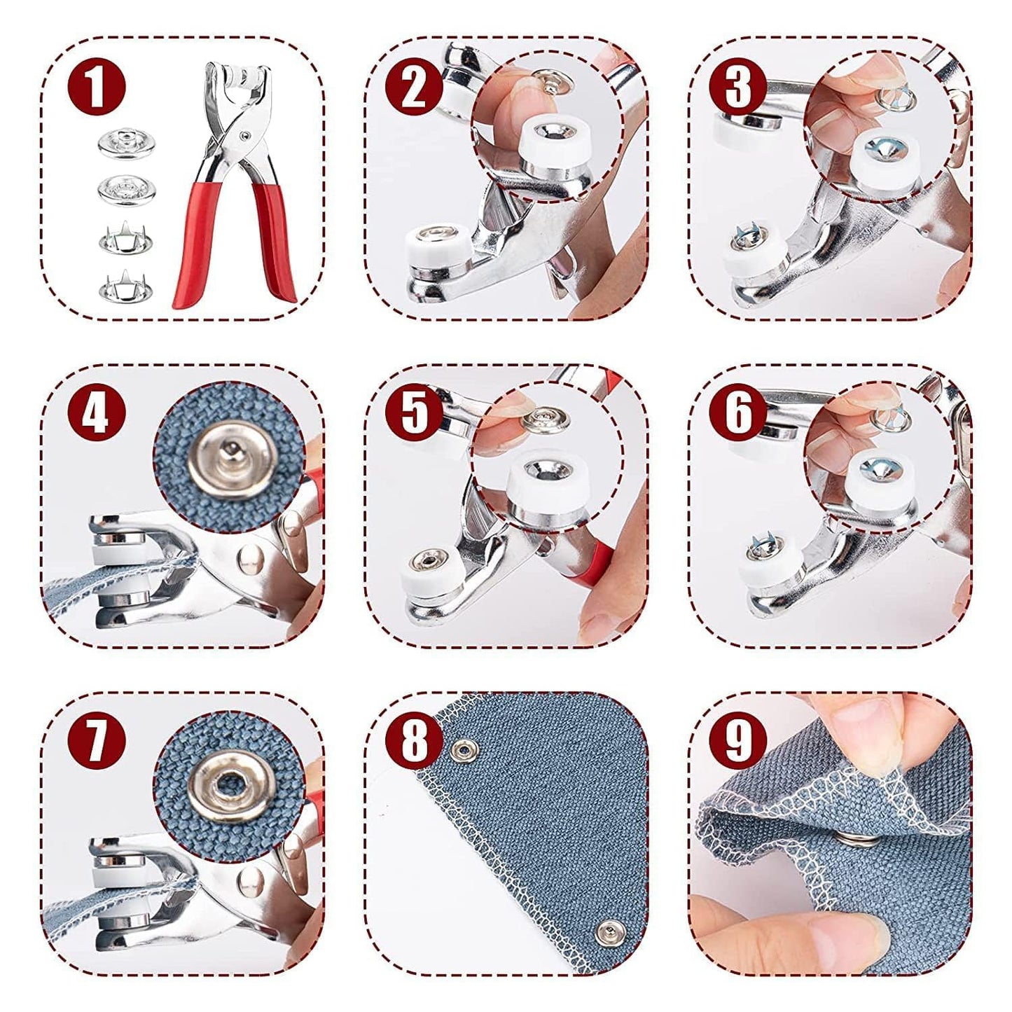 Full kit view of snap button plier set with pliers and assorted studs