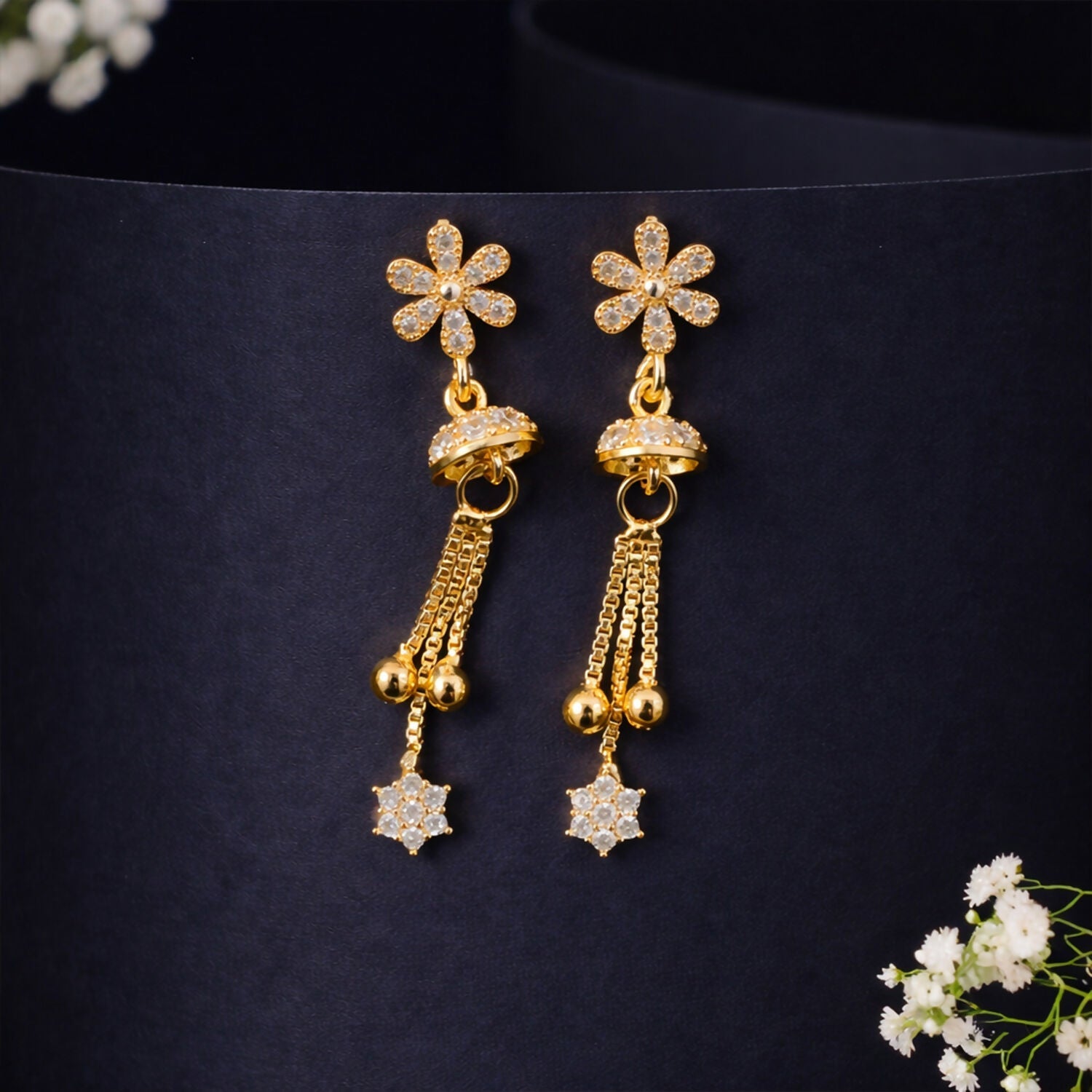 Sparkling Starburst Drop Earrings – Rose Gold Floral Dangles