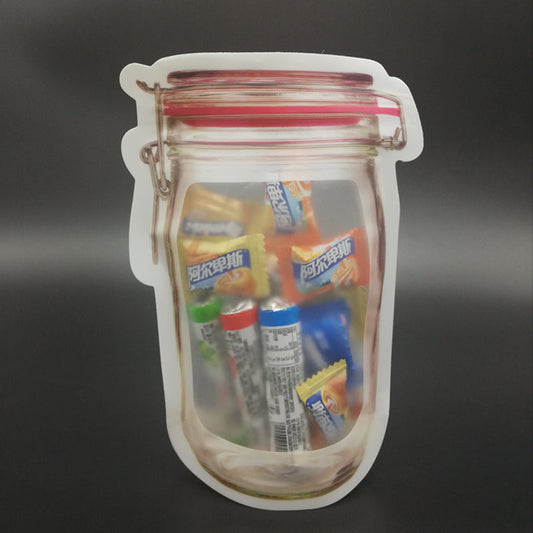 Transparent reusable plastic airtight food storage bag, 500ml, with zipper closure.