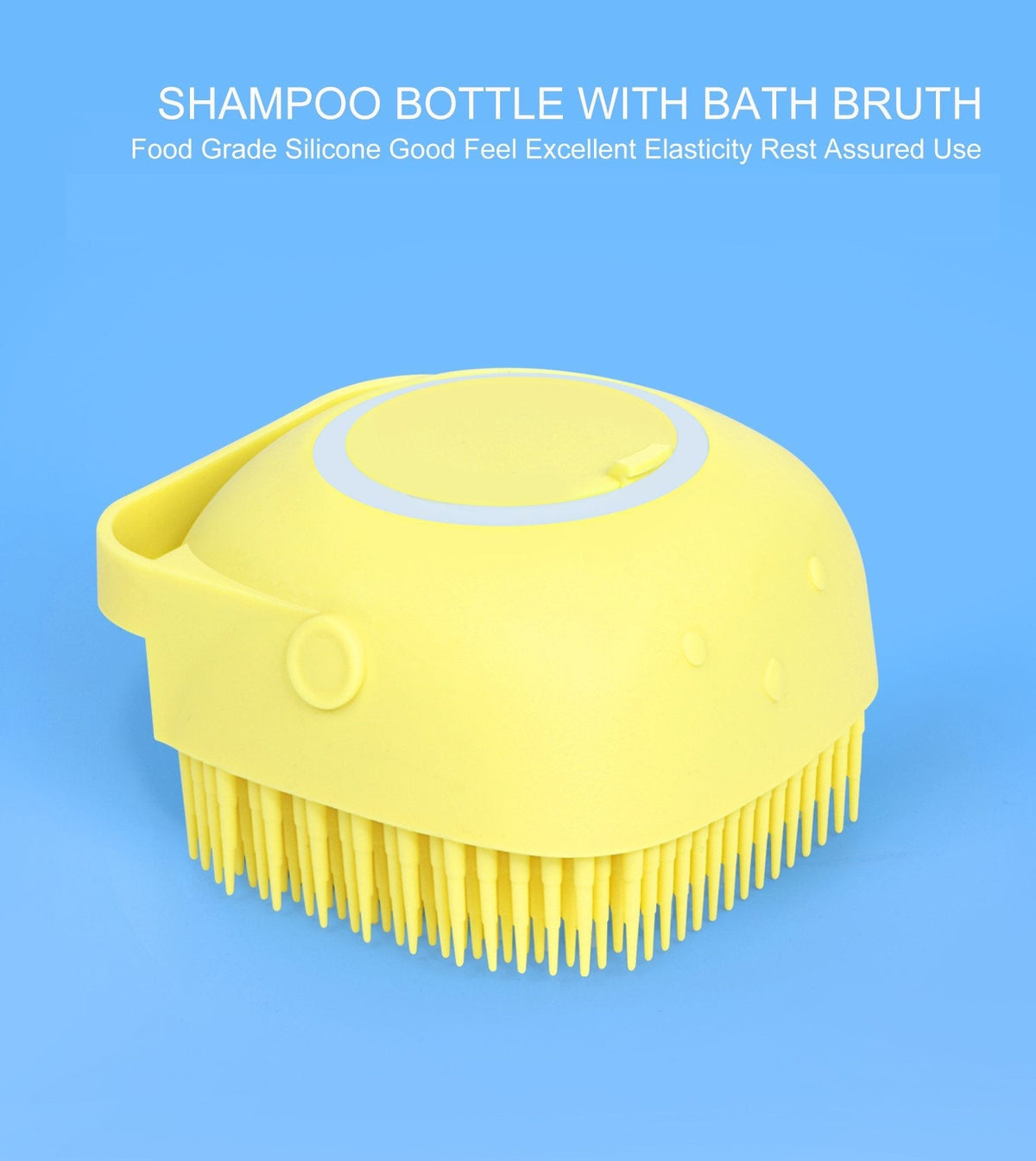 Yellow silicone bath brush with shampoo dispenser on a blue background.