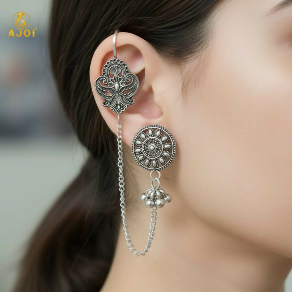 Oxidized Silver Ethnic Chain Drop Earrings for Women | Antique Tribal Boho Long Earrings