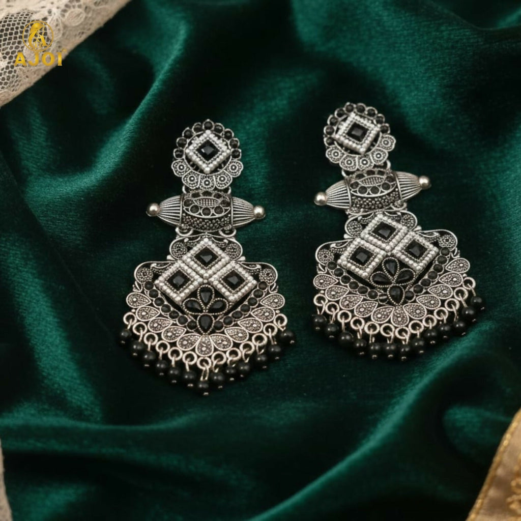 Oxidized Silver Black Stone Designer Chandbali Earrings for Women