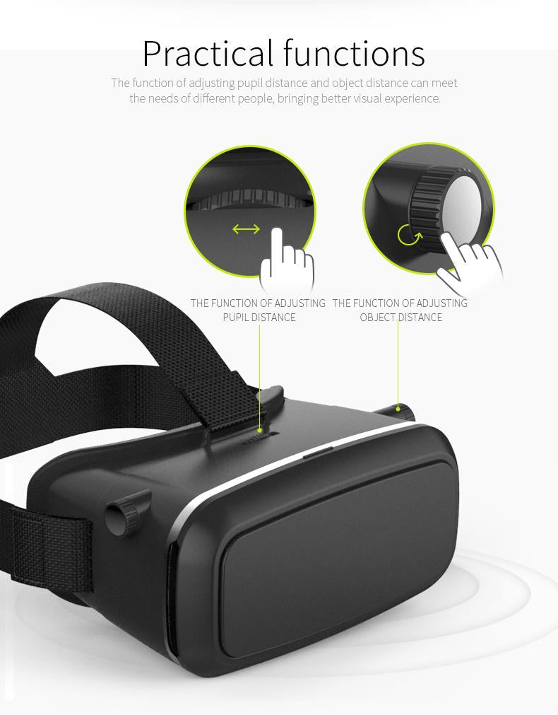 A black VR headset is shown with diagrams illustrating the functions of adjusting pupil and object distance.