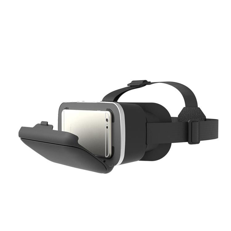 A black VR headset with its front cover partially open, revealing a silver smartphone inserted inside.